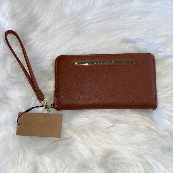 STEVE MADDEN Cognac & Gold Zip Around Wristlet Case Wallet. NWT - Picture 1 of 10